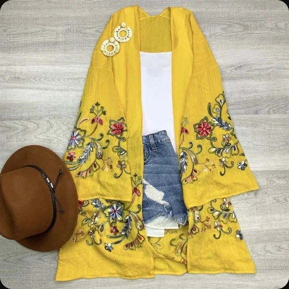 Yellow 3/4 Sleeve Embellished Kimono - Picture 1 of 4